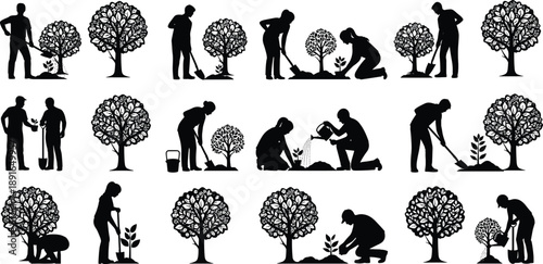 Black silhouette of professional gardener set with people planting, digging, and watering trees, CAD drawing flat vector illustration, isolated on white for architectural design