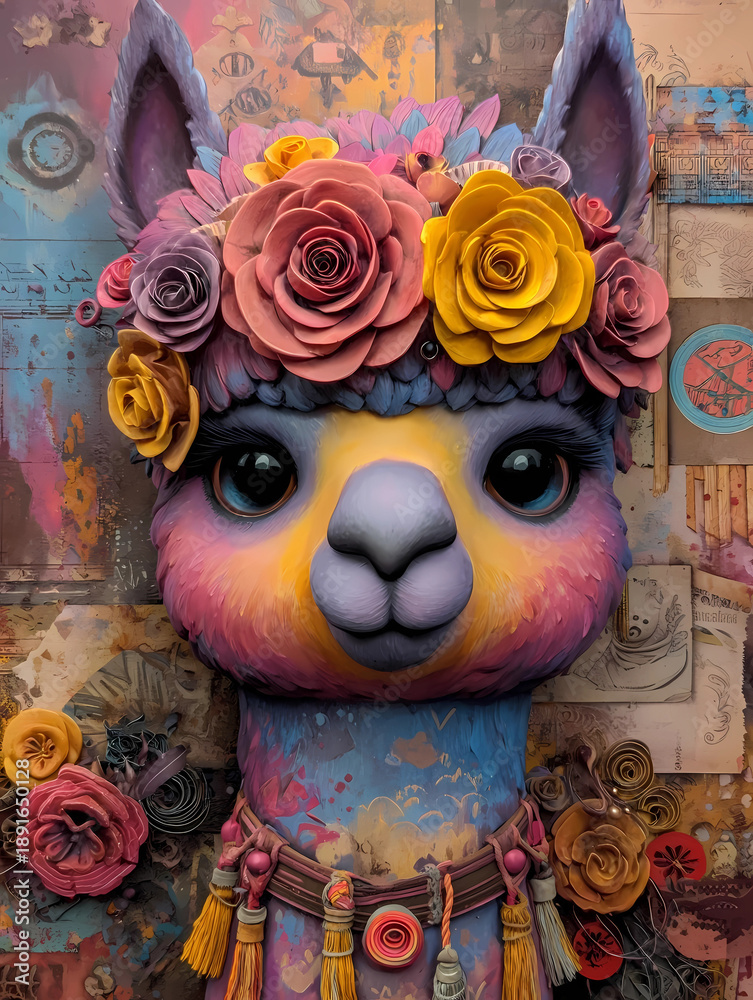 Fototapeta premium Portrait von einem Lama mit bunten Blüten auf dem Kopf - abstrakter Hintergrund