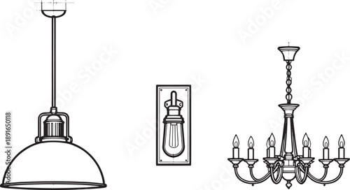 A collection of vintage-style chandeliers and light fixtures, elegantly presented in a classic monochrome illustration, offering a timeless aesthetic appeal.
