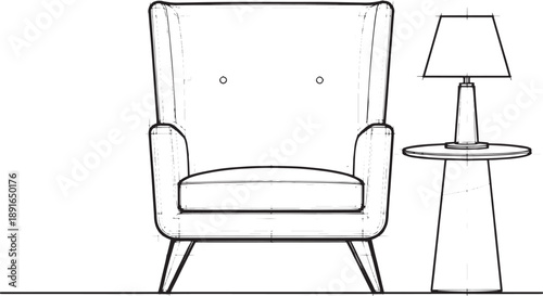 An interior design concept showcasing an elegant armchair, alongside a stylish side table and a softly illuminated lamp, suggesting comfort, relaxation, and a refined lifestyle.