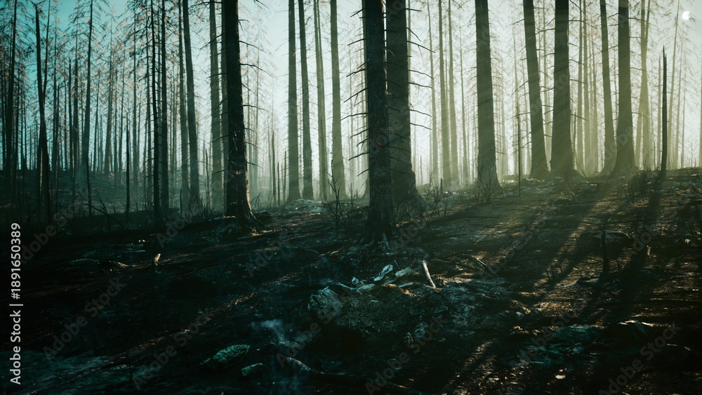 Fototapeta premium Charred trees rise in a misty forest as morning light filters through the remnants of a wildfire. Shadows elongate over the scorched earth, creating a haunting atmosphere of rebirth.