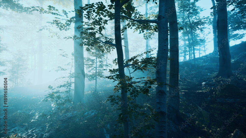 Obraz premium Morning light softly illuminates a tranquil forest, with mist swirling around the tall trees. The scene captures the beauty of nature in a peaceful setting, inviting exploration and reflection.