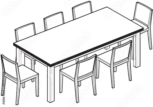 A modern dining set with a rectangular table and accompanying chairs, showcasing clean lines and minimalist design, ideal for a contemporary interior setting.
