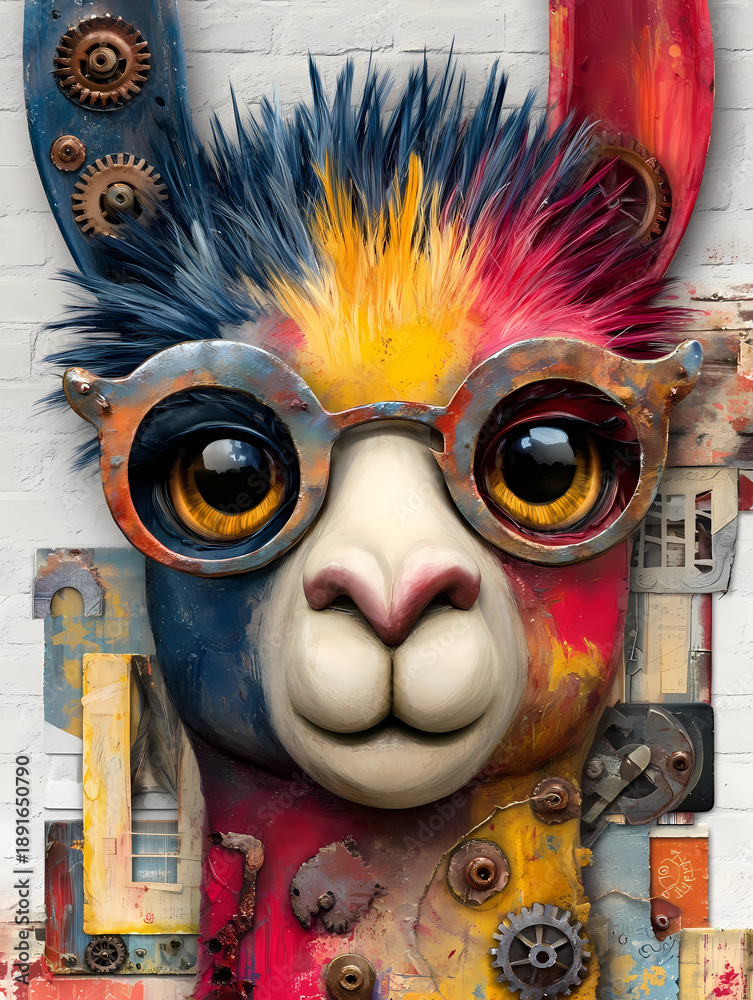 Fototapeta premium Lama mit Brille und buntem Fell - abstrakter Hintergrund