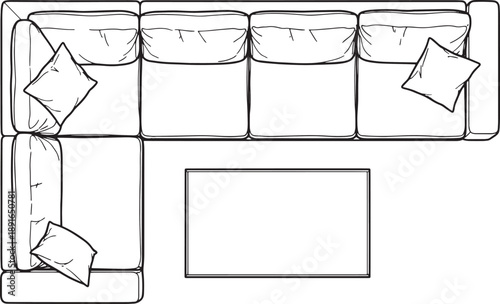 A modern living room sketch presents a comfortable sofa and matching table, with pillows. This vector illustration invites viewers to imagine their perfect relaxation space.