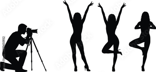 Black silhouette of professional male photographer set with camera and tripod taking photos of female models, CAD drawing flat vector illustration, isolated on white