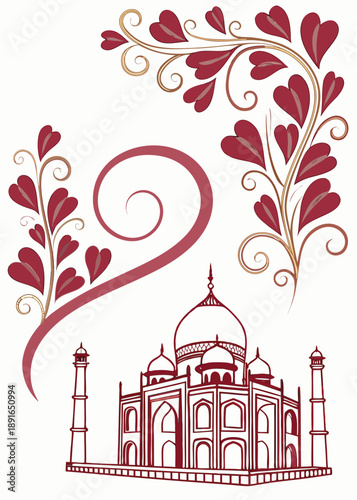 Stylized Taj Mahal with heart-shaped floral decorations, vector