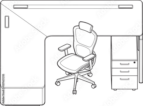 An illustration of a modern office desk and ergonomic chair. The desk offers ample workspace. The chair supports comfort.