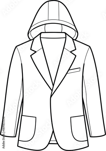 Fashion technical sketch of a unique hooded blazer with lapels and patch pockets