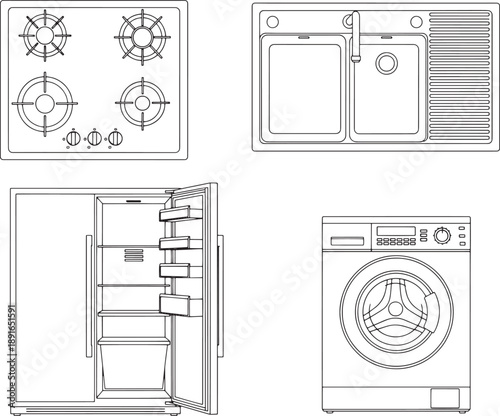 Illustrative Line Art of Essential Home Appliances. Featuring a stove, sink, refrigerator, and washing machine rendered in precise, clean lines.