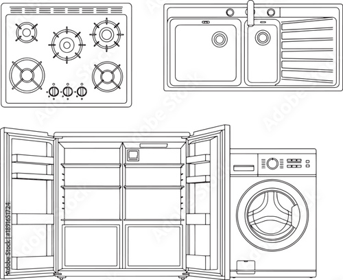An artistic illustration of essential household appliances for kitchen and laundry, creating a sleek and functional visual.