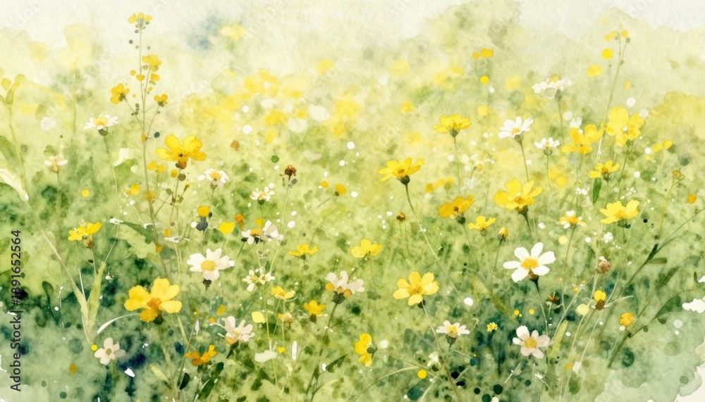 Fototapeta premium Blooming wildflowers in a sunny meadow nature scene watercolor artwork vibrant colors serene environment