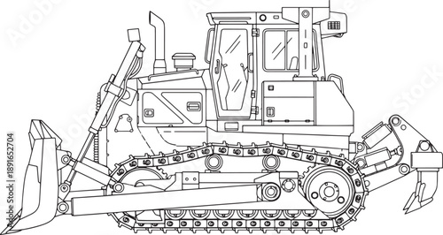 Detailed line art of a bulldozer reveals its intricate machinery and robust design, standing as a symbol of power and construction.