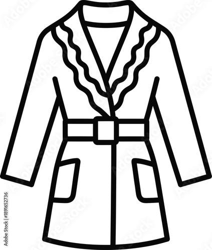 Elegant belted trench coat outline with a distinctive ruffled collar and front pockets