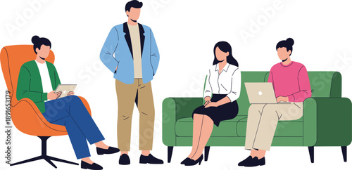 Business Team Working Together with Laptops in Modern Office Lounge, Teamwork, Collaboration, Startup Meeting, and Professional Communication Concept Vector Illustration