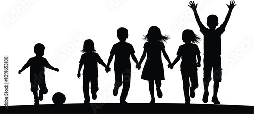 Black silhouettes of children playing and running with a ball children, kids, silhouettes, black, white background, playing, running, ball, happy, carefree, youth, group, friends, holding hands, jumpi