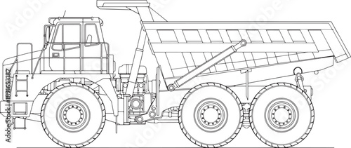 A schematic of a heavy-duty dump truck, illustrating the robust design for handling substantial loads in the construction and mining industries.