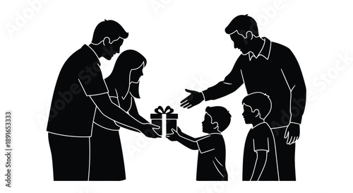 A family silhouette exchanging a gift depicting a loving moment