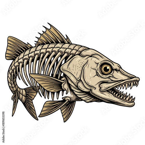 snook fish skeleton illustration with vintage style for fishing logo or apparel design