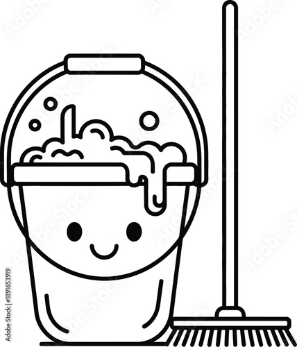 Cute smiling cleaning bucket with soapy water and a broom ready for a sparkling clean