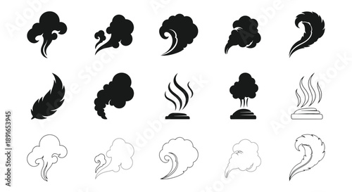 Collection of black and white smoke or cloud shaped design elements