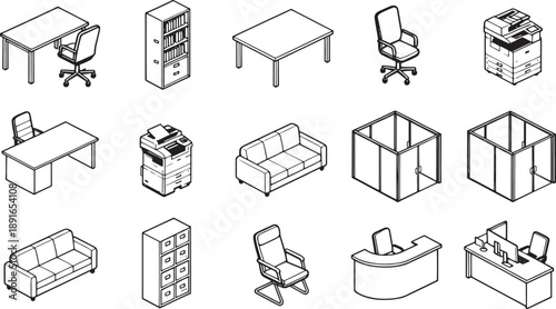 Office equipment and furniture illustration including desk, chairs, cabinet, and other office elements.