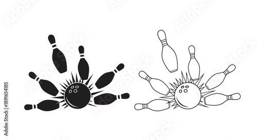 Two bowling pin arrangements with a bowling ball one filled and one outlined