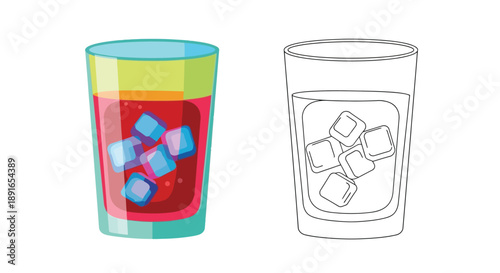 Colorful drink with ice and its line drawing counterpart are displayed
