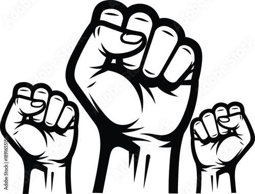 Three raised clenched fists in solidarity, representing unity, strength, and resistance in protest