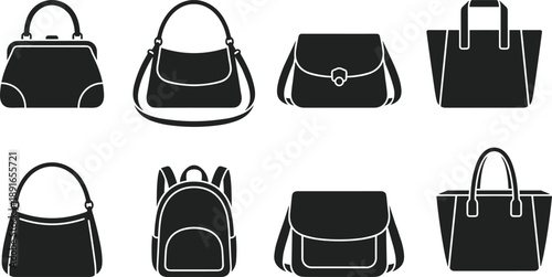 Black silhouette icon set of various bag styles including handbags, backpacks, totes, and shoulder bags for fashion, retail, and design use.