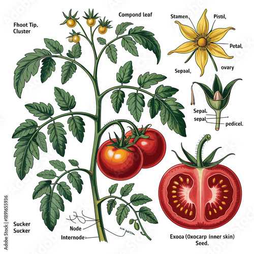 Detailed botanical illustration of a tomato plant with labeled parts