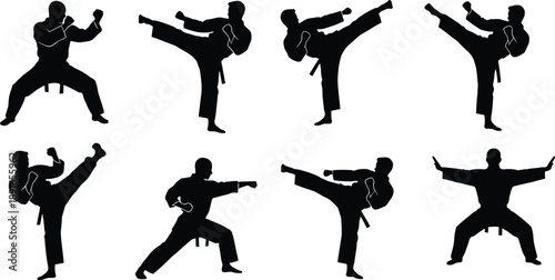 Black silhouette icons of martial artists performing kicks, punches, and stances in traditional uniforms for combat, training, and self-defense illustrations