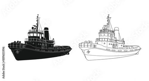 Two tugboats depicted in contrasting black and white styles side views