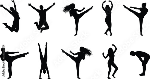Black silhouette icons of people in dynamic poses for dance, martial arts, exercise, movement, and physical activity vector illustrations