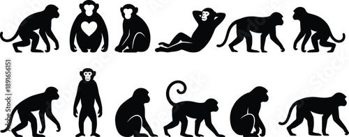 Black silhouette icons of monkeys in various poses and styles for animal design, wildlife illustration, and playful character vector art