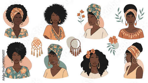Diverse women with traditional headscarves and jewelry in various poses and outfits depicted in a lively illustration