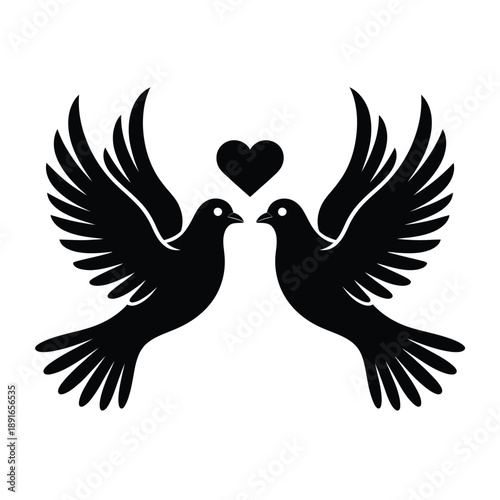 Two black doves face each other with a heart between their beaks