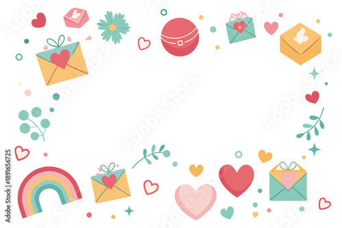 Vector seamless pattern with hearts, envelope, rainbow, arrows and gifts. Lovely romantic background for Valentine's Day, Mother's Day, wedding. Suitable for wrapping paper, postcards, invitations.