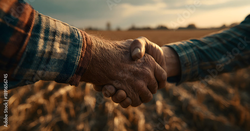 Wallpaper Mural A close-up of two farmers shaking hands against a backdrop of a green agricultural field. Two agronomists shaking hands at sunset. Concept: agriculture, farming, business. Agreements. Torontodigital.ca