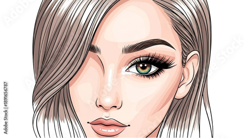 Detailed illustration of a woman's face with striking features and long hair viewed from the front