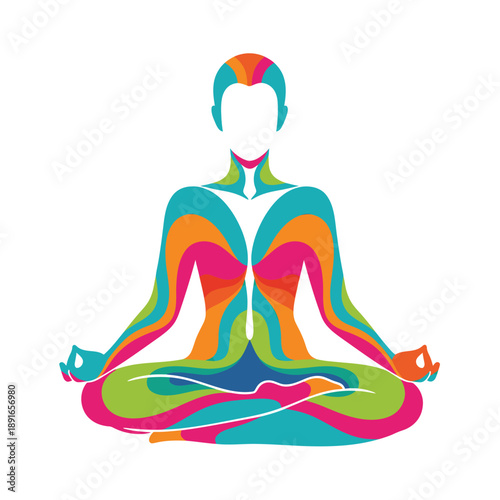 A person meditating in lotus position with vibrant abstract body art, conveying serenity and balance in a simple illustration style from a front viewpoint.