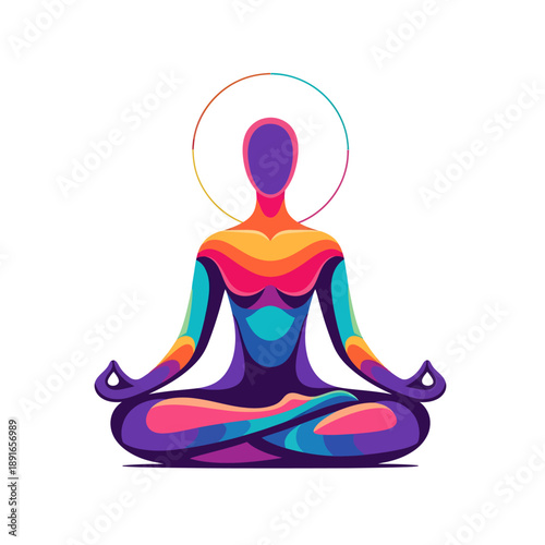 A serene meditation scene depicting a person in a lotus position surrounded by a vibrant, rainbow-colored aura, symbolizing inner peace and harmony, viewed from the front