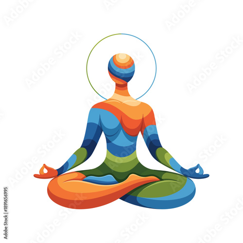 A person in a meditative pose surrounded by a colorful aura, sitting cross-legged with hands in a mudra, depicted in a digital illustration from a rear viewpoint