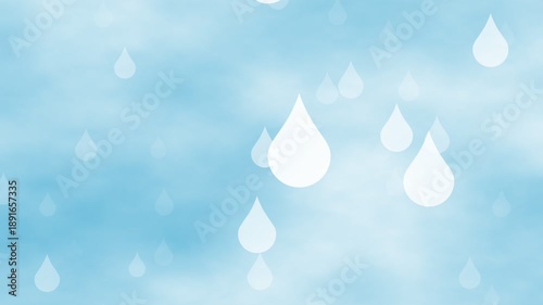 Looping abstract blue sky background with soft clouds drifting upward and white water droplets falling