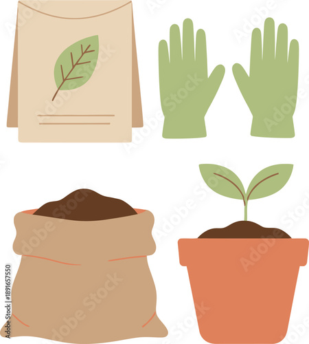 Gardening Supplies Including Seed Packet Gloves Soil Bag and Potted Seedling on White Background