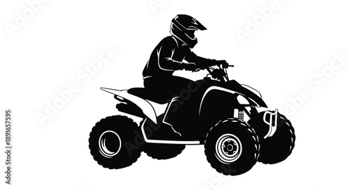 Silhouette of a rider on an all terrain vehicle against a white background