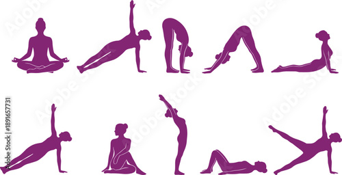 Purple silhouette icons of yoga poses including meditation, stretching, and balance for wellness, fitness, mindfulness, and exercise vector illustrations