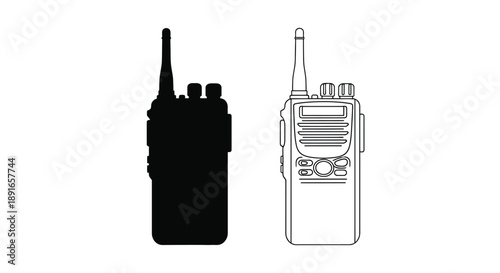 Two walkie talkie illustrations one solid black one outlined in detail