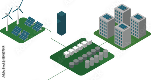 Sustainable energy smart grid illustration, wind turbines solar panels battery storage, renewable power distribution system, green technology isometric vector design