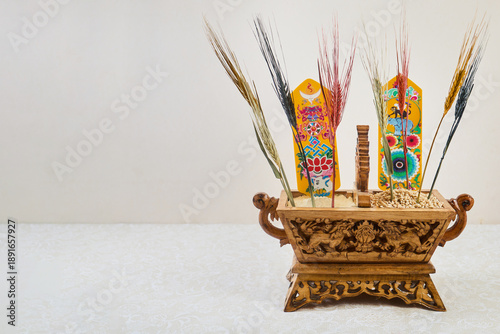 Photos Chemar box with offerings for tibetan new year losar ritual